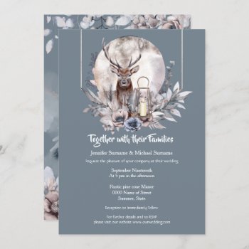 Dusky Blue Pink Forest Stag Night Moon  Invitation by mensgifts at Zazzle