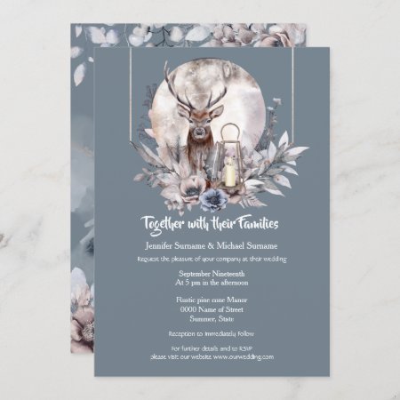 Dusky Blue Pink Forest Stag Night Moon  Invitation