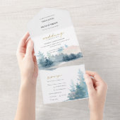 DUSKY BLUE PINK MOUNTAINS PINE WATERCOLOR WEDDING ALL IN ONE INVITATION (Tearaway)