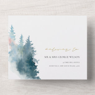 DUSKY BLUE PINK MOUNTAINS PINE WATERCOLOR WEDDING ALL IN ONE INVITATION
