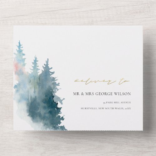 DUSKY BLUE PINK MOUNTAINS PINE WATERCOLOR WEDDING ALL IN ONE INVITATION