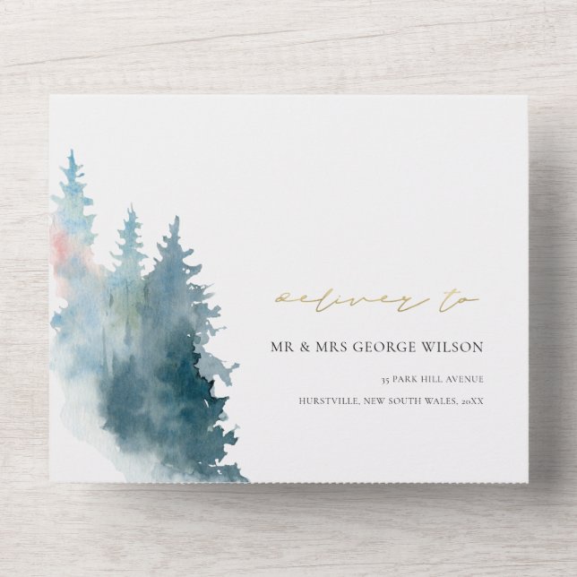 DUSKY BLUE PINK MOUNTAINS PINE WATERCOLOR WEDDING ALL IN ONE INVITATION (Front)