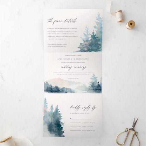 DUSKY BLUE PINK MOUNTAINS PINE WATERCOLOR WEDDING  Tri_Fold INVITATION