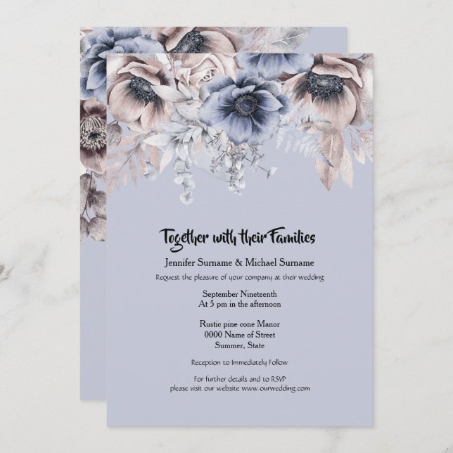 Dusky blue pink woodland anemone flower invitation (Front/Back)