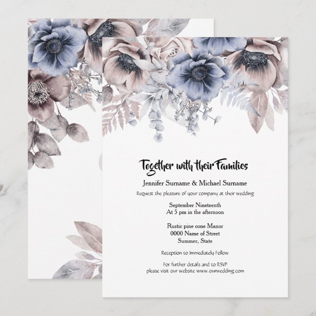 Dusky blue pink woodland rose anemone chic invitation (Front/Back)