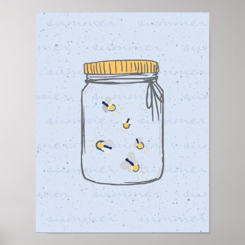 Dusky Blue Rough Sketch Fireflies in Mason Jar Poster
