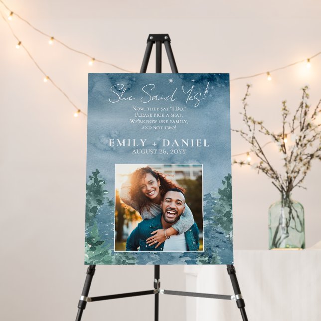 Dusky Blue Rustic Mountains Wedding Day Sign (In Situ (Stand))