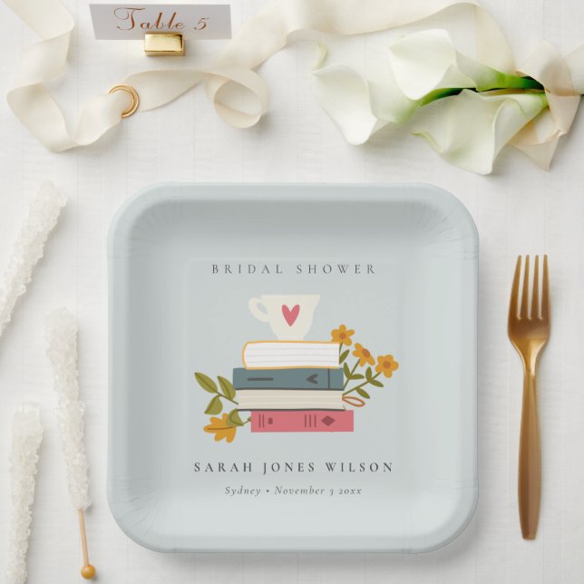 Dusky Blue Stacked Storybooks Floral Bridal Shower Paper Plates (Wedding)