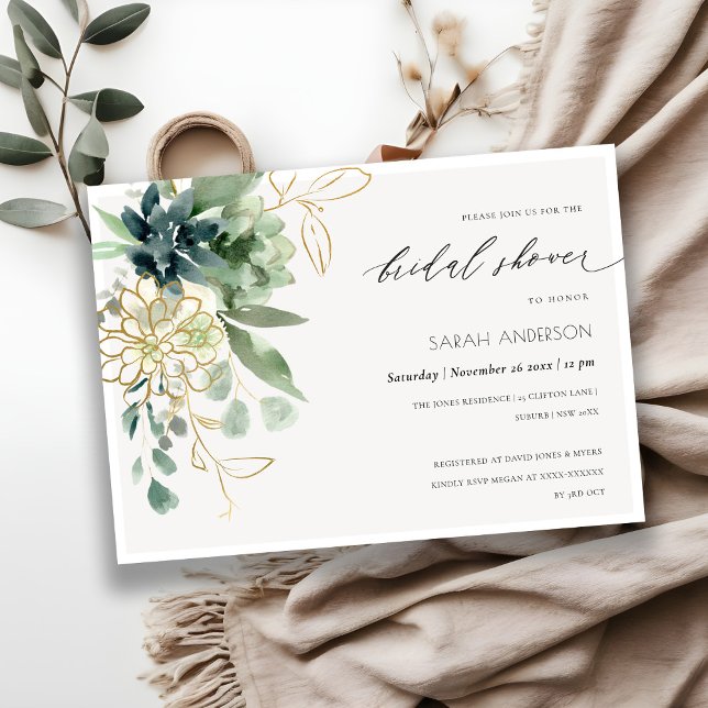 Dusky Blue Succulent Foliage Bridal Shower Invite (Creator Uploaded)