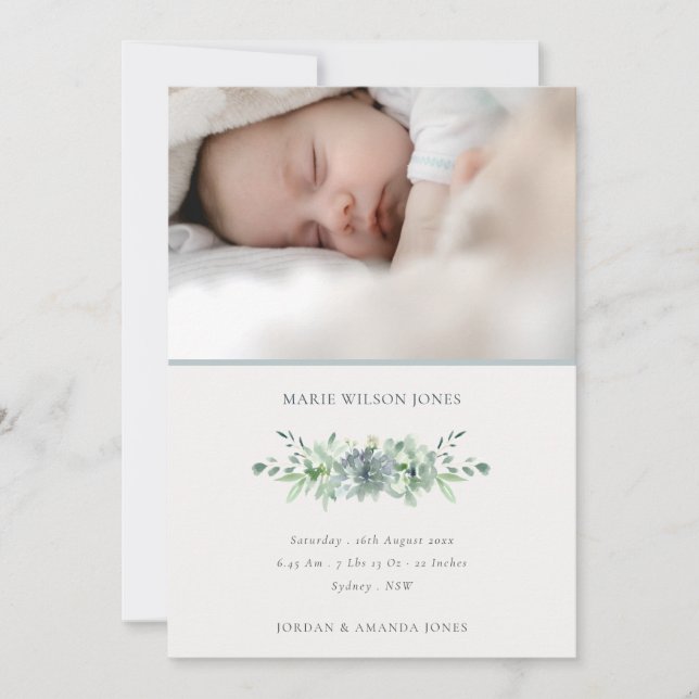 Dusky Blue Succulent Photo Baby Birth Announcement (Front)