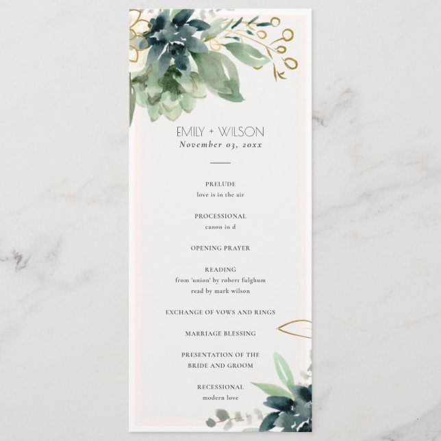 Dusky Blue Succulent Wedding Ceremony Program (Front)
