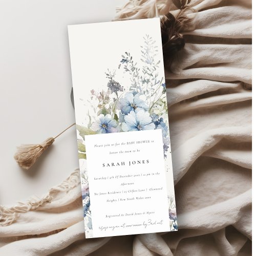 Dusky Blue Watercolor Cottage Flora Baby Shower Invitation