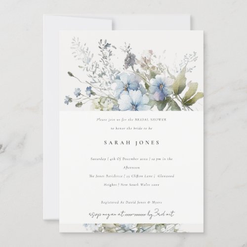 Dusky Blue Watercolor Cottage Flora Bridal Shower Invitation
