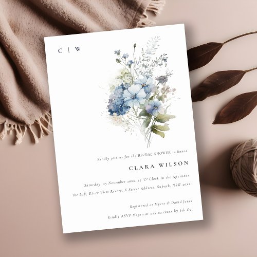 Dusky Blue Watercolor Cottage Flora Bridal Shower Invitation