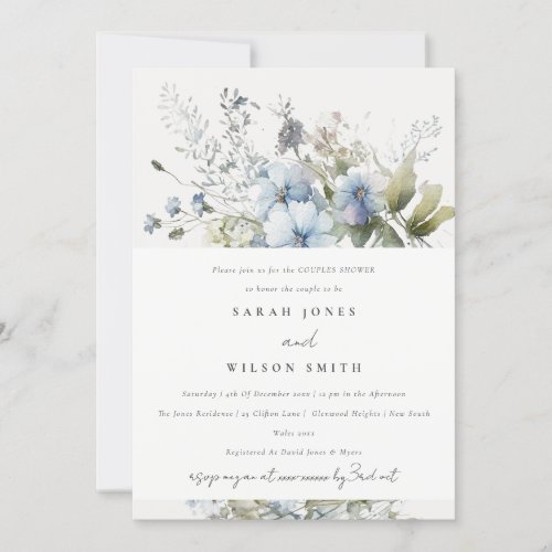 Dusky Blue Watercolor Cottage Flora Couples Shower Invitation