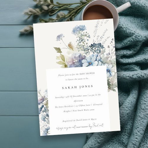 Dusky Blue Watercolor Cottage Floral Baby Shower Invitation