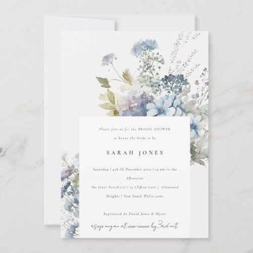 Dusky Blue Watercolor Cottage Floral Bridal Shower Invitation