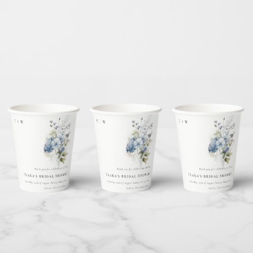 Dusky Blue Watercolor Cottage Floral Bridal Shower Paper Cups