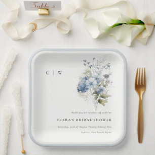 Dusky Blue Watercolor Cottage Floral Bridal Shower Paper Plates