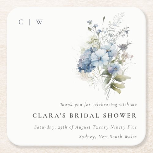 Dusky Blue Watercolor Cottage Floral Bridal Shower Square Paper Coaster