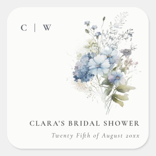 Dusky Blue Watercolor Cottage Floral Bridal Shower Square Sticker