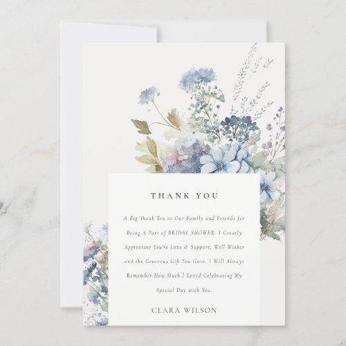 Dusky Blue Watercolor Cottage Floral Bridal Shower Thank You Card