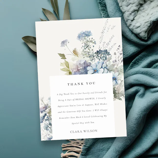 Dusky Blue Watercolor Cottage Floral Bridal Shower Thank You Card | Zazzle