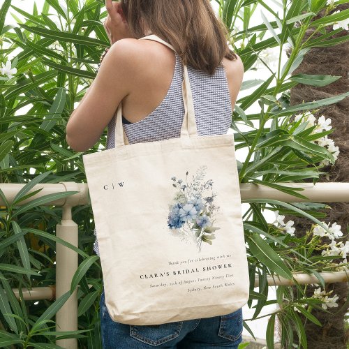 Dusky Blue Watercolor Cottage Floral Bridal Shower Tote Bag