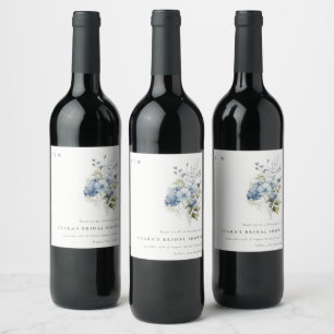 Dusky Blue Watercolor Cottage Floral Bridal Shower Wine Label
