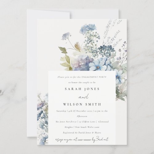 Dusky Blue Watercolor Cottage Floral Engagement Invitation