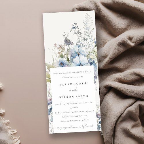 Dusky Blue Watercolor Cottage Floral Engagement Invitation