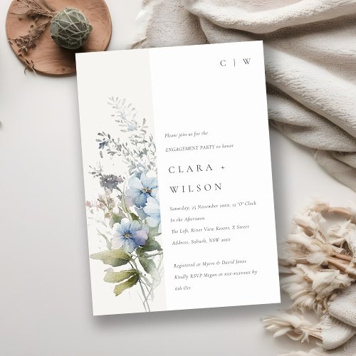 Dusky Blue Watercolor Cottage Floral Engagement  Invitation