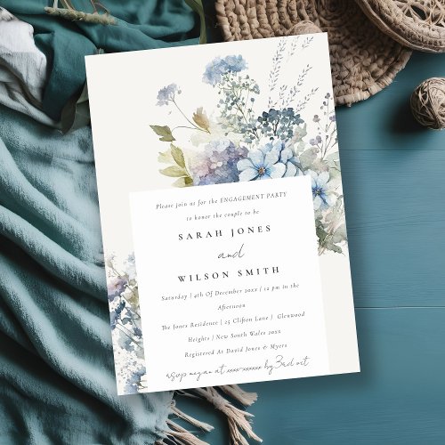 Dusky Blue Watercolor Cottage Floral Engagement Invitation