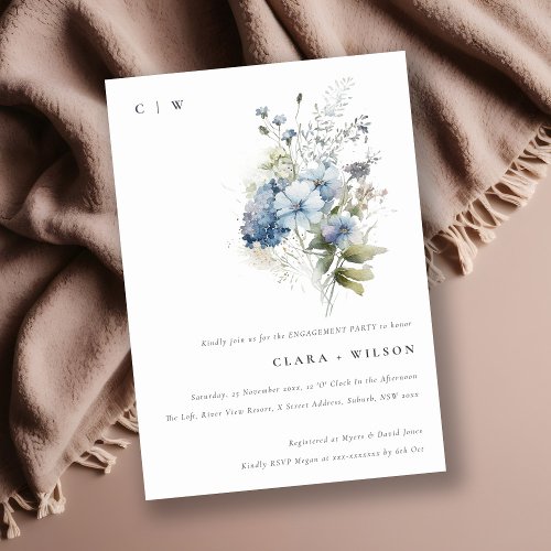 Dusky Blue Watercolor Cottage Floral Engagement Invitation