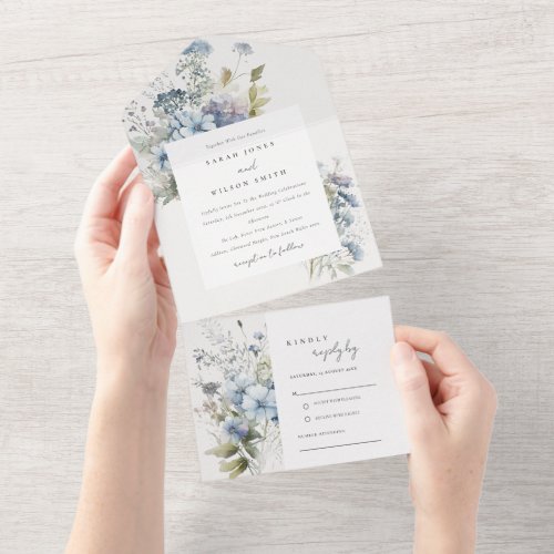 Dusky Blue Watercolor Cottage Floral Wedding All In One Invitation
