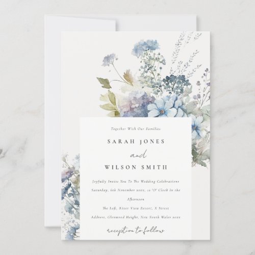 Dusky Blue Watercolor Cottage Floral Wedding Invitation