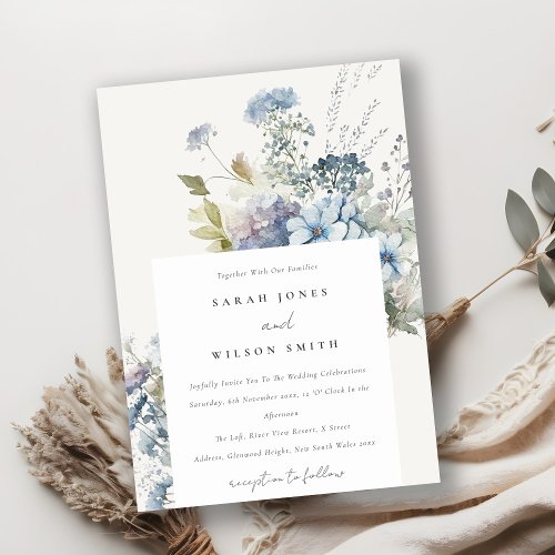 Dusky Blue Watercolor Cottage Floral Wedding Invitation