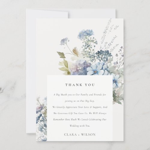 Dusky Blue Watercolor Cottage Floral Wedding Thank You Card