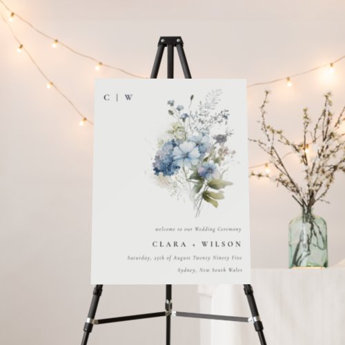 Dusky Blue Watercolor Floral Wedding Welcome Foam Board