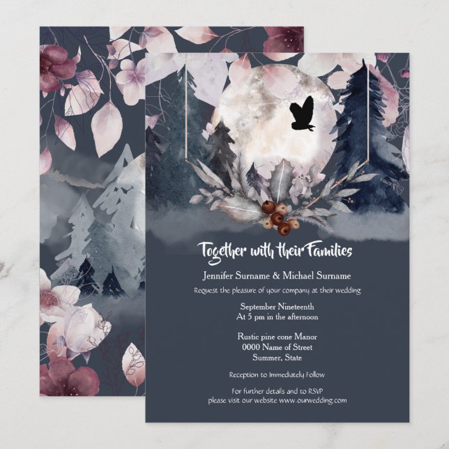 Dusky blue watercolor forest owl dark moon invitation (Front/Back)