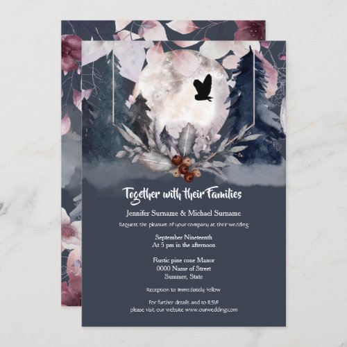 Dusky blue watercolor forest owl dark moon invitation