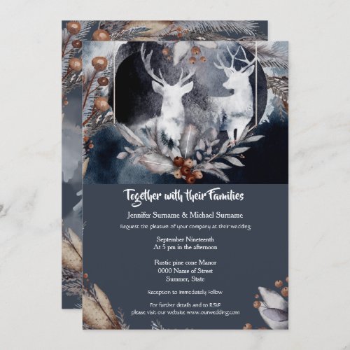 Dusky blue watercolor stag forest country wedding invitation