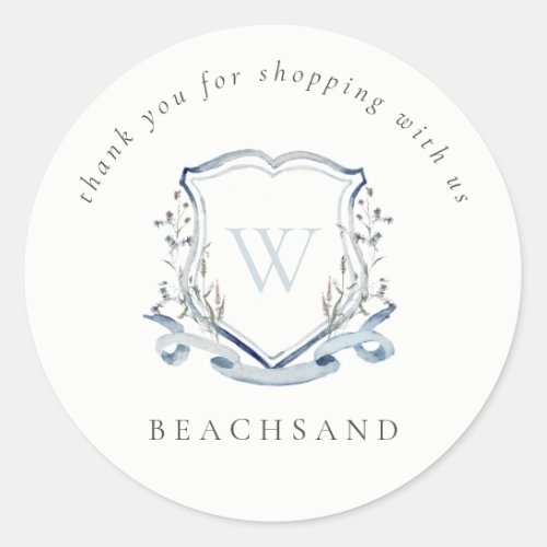 Dusky Blue Wildflower Crest Thank you for Shopping Classic Round Sticker