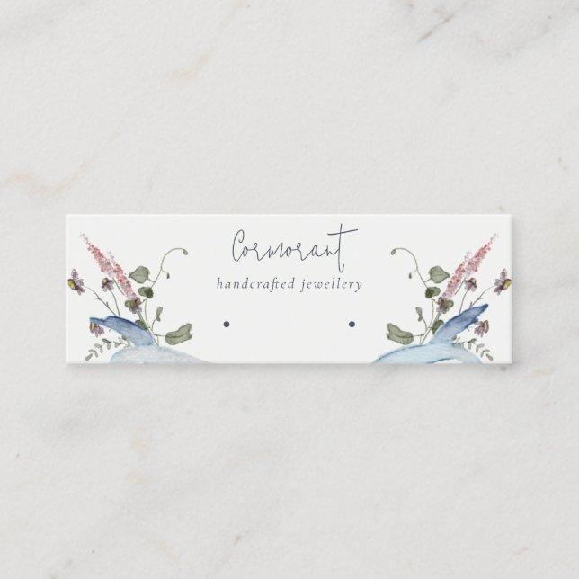 Dusky Blue Wildflower Ribbon Stud Loop Hoop Holder Mini Business Card (Front)
