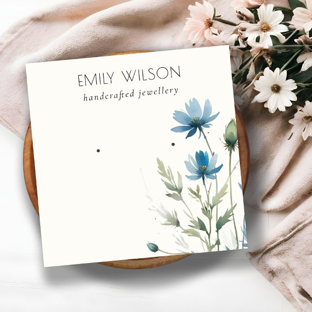 Dusky Blue Wildflower Watercolor Earring Display Square Business Card (Creator Uploaded)