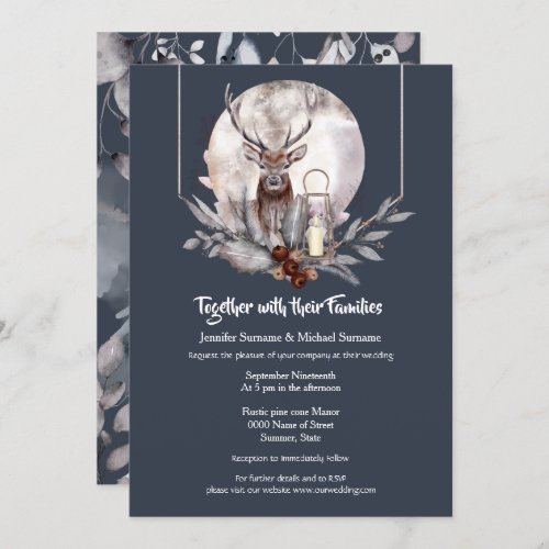 Dusky blue winter moon stag watercolor lantern invitation