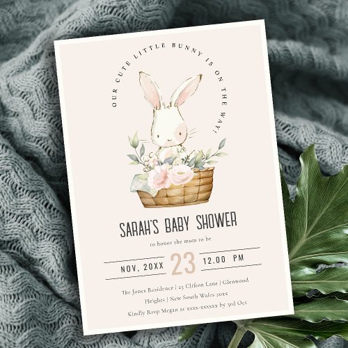Dusky Blush Bunny In Floral Basket Baby Shower Invitation