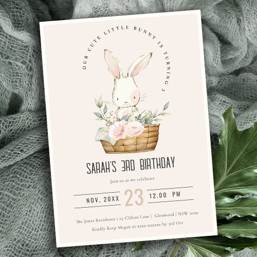 Dusky Blush Bunny In Floral Basket Kids Birthday Invitation