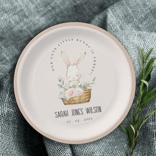 Dusky Blush Bunny In Floral Basket Kids Birthday Paper Plates