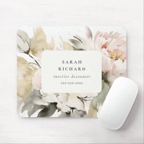 Dusky Blush Peony Watercolor Floral Bunch Business Mouse Pad